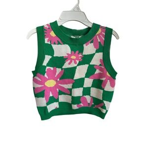 Baevely Womens Sleeveless Floral Checkered Knit Crop Sweater Vest Green‎ Pink